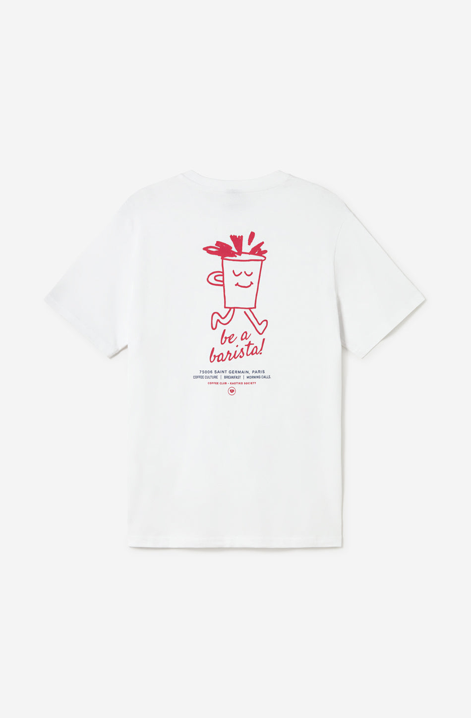 Camiseta unisex Barista Organic White de Kaotiko BCN en color blanco con ilustración frontal de una taza de café y mensaje “be a barista!”.
