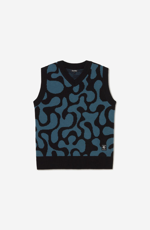 Chaleco unisex de punto con diseño jacquard azul y negro.