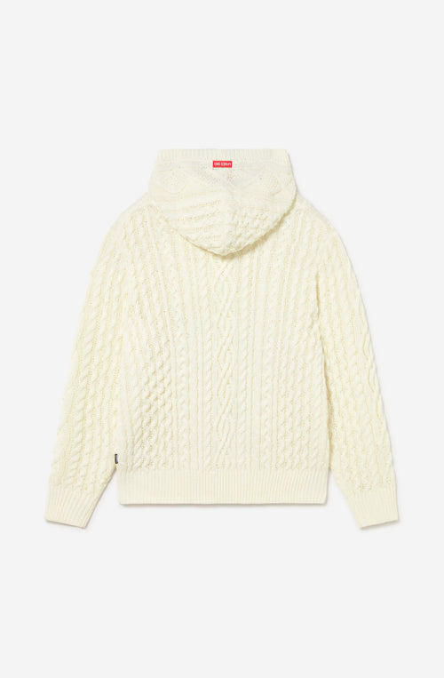 Sudadera unisex de punto trenzado color marfil con capucha y fit relajado de inspiración après ski.