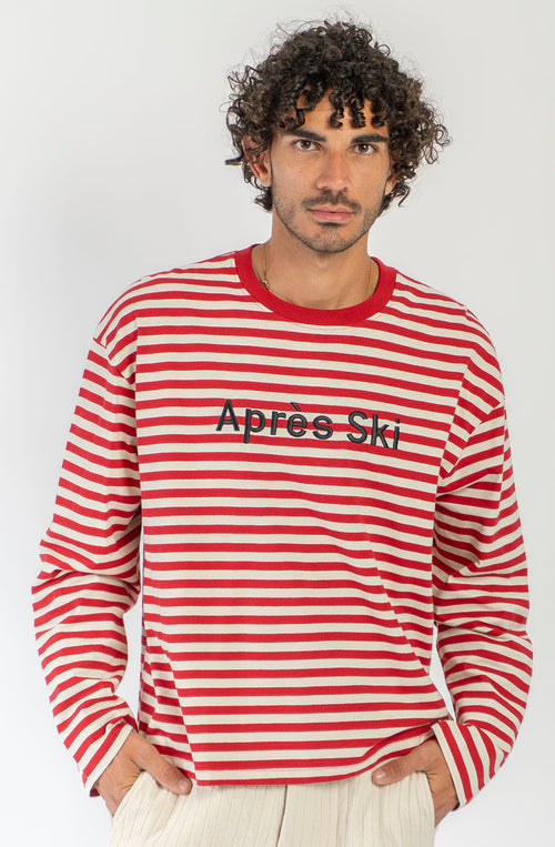 Camiseta Stripes Apres Ski Ivory Burgundy unisex de rayas rojas e ivory con bordado frontal