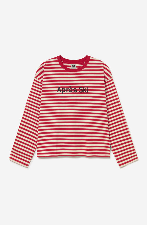 Camiseta Stripes Apres Ski Ivory Burgundy unisex de rayas rojas e ivory con bordado frontal