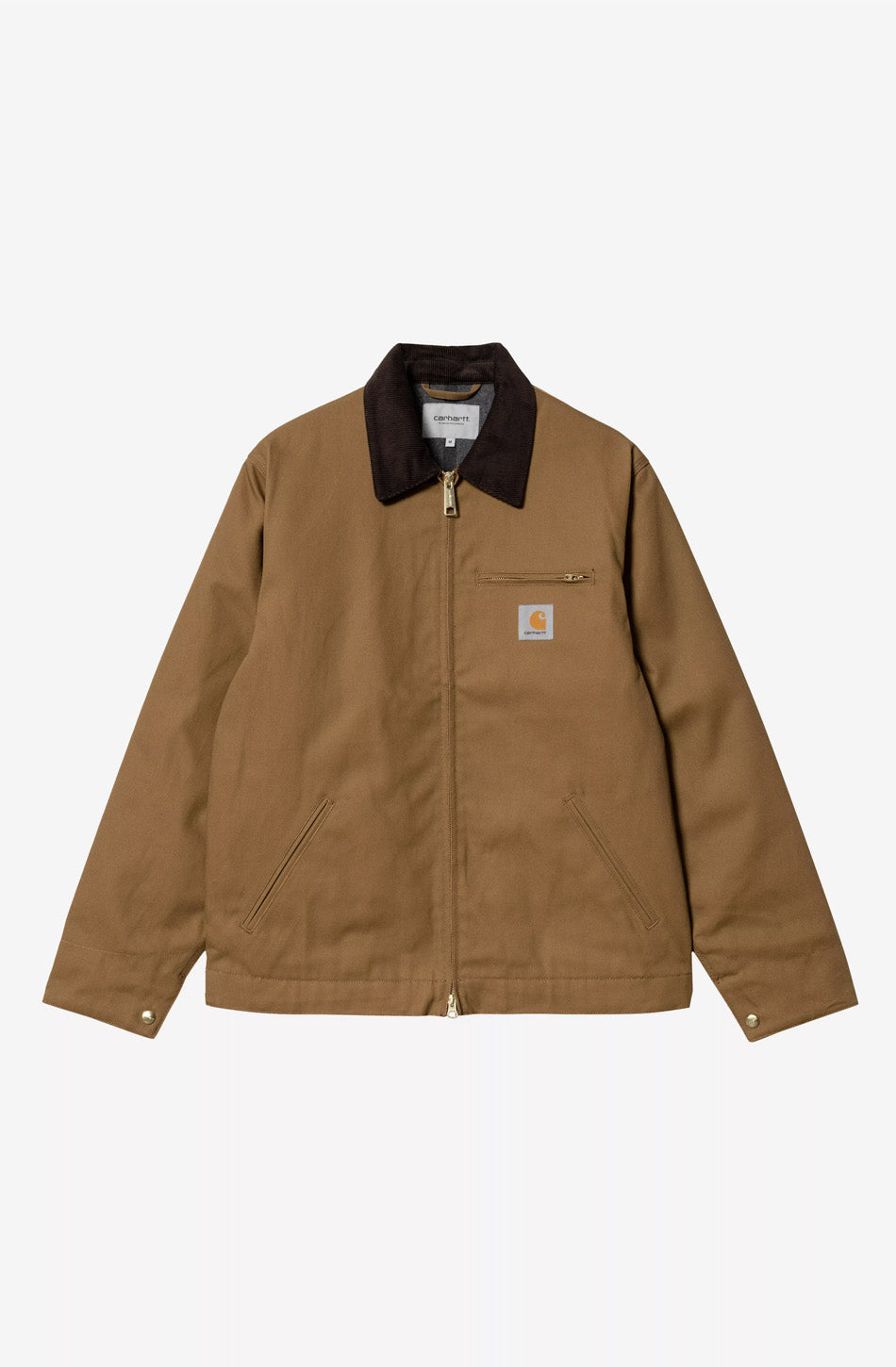 Chaqueta Carhartt WIP color Hamilton Brown con cuello de pana marrón oscuro, cierre de cremallera y bolsillos frontales.