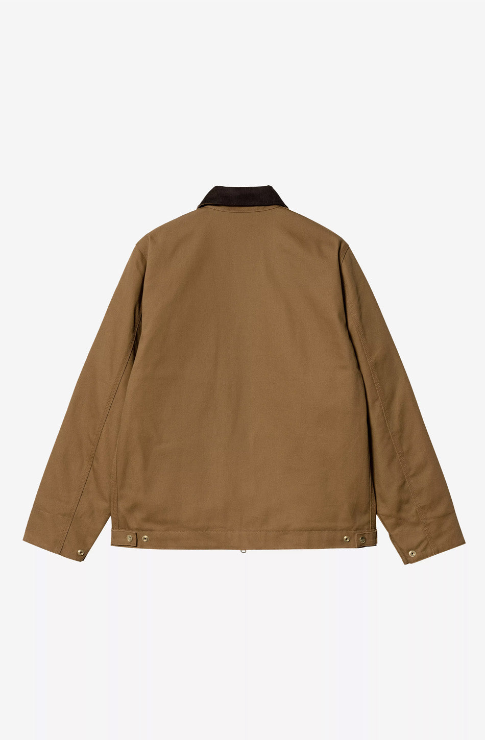 Chaqueta Carhartt WIP color Hamilton Brown con cuello de pana marrón oscuro, cierre de cremallera y bolsillos frontales.