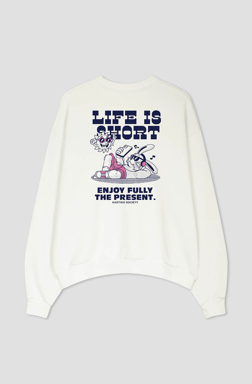 Sudadera Life Is Short Organic Cotton Ivory/Pink