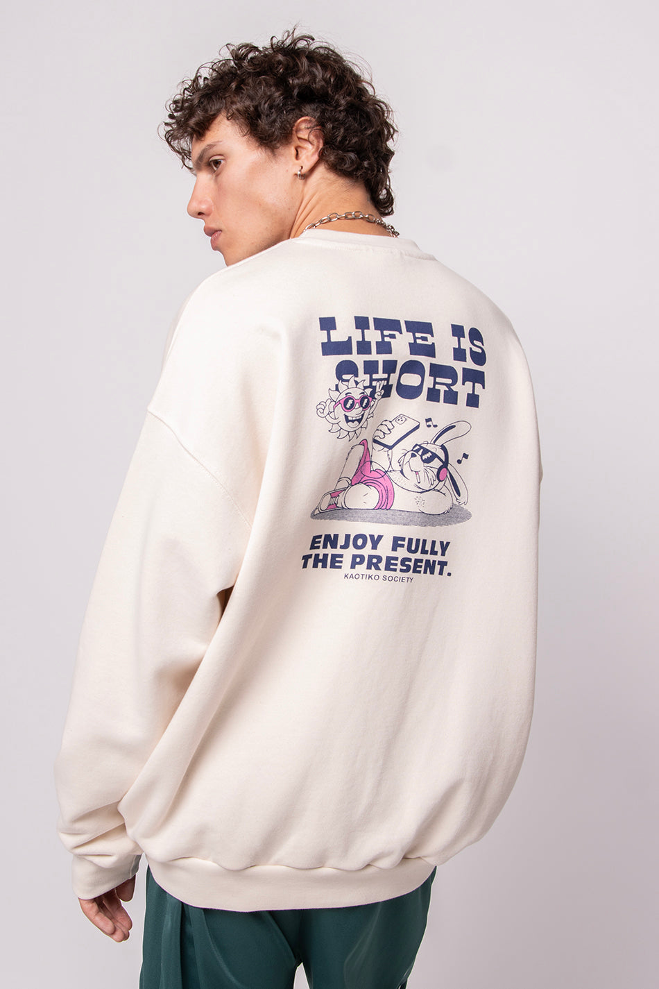 Sudadera Life Is Short Organic Cotton Ivory/Pink