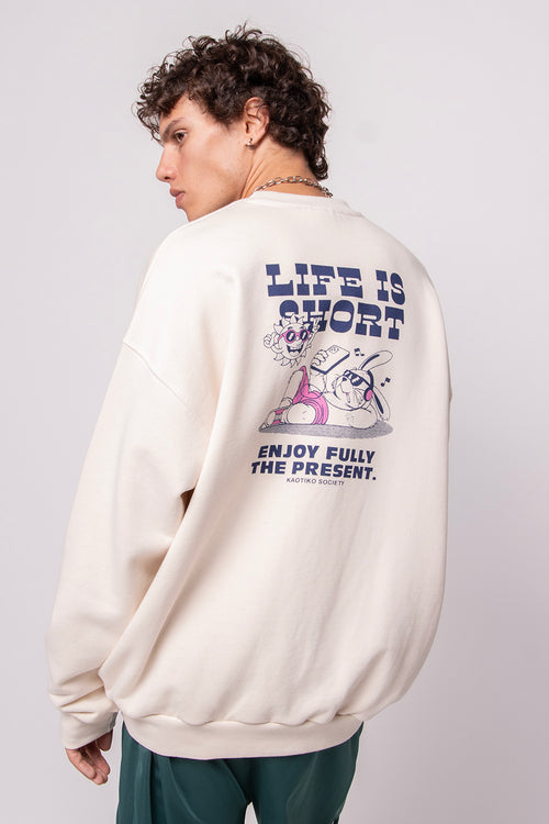 Sudadera Life Is Short Organic Cotton Ivory/Pink