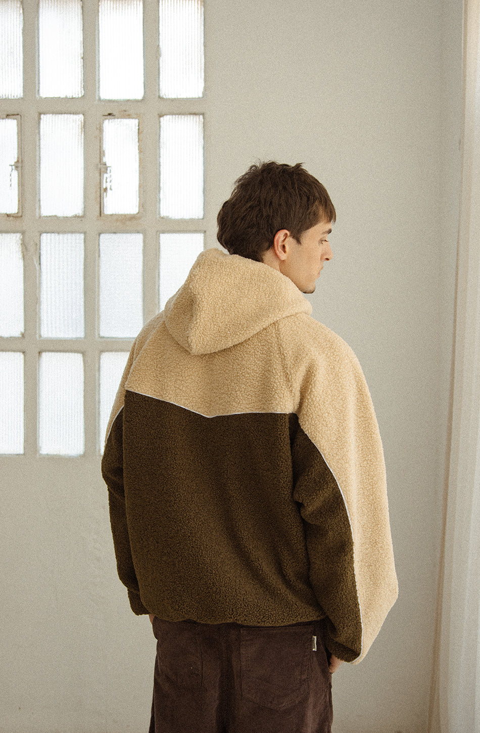 Chaqueta Fleece Combined Curly Ivory/Khaki