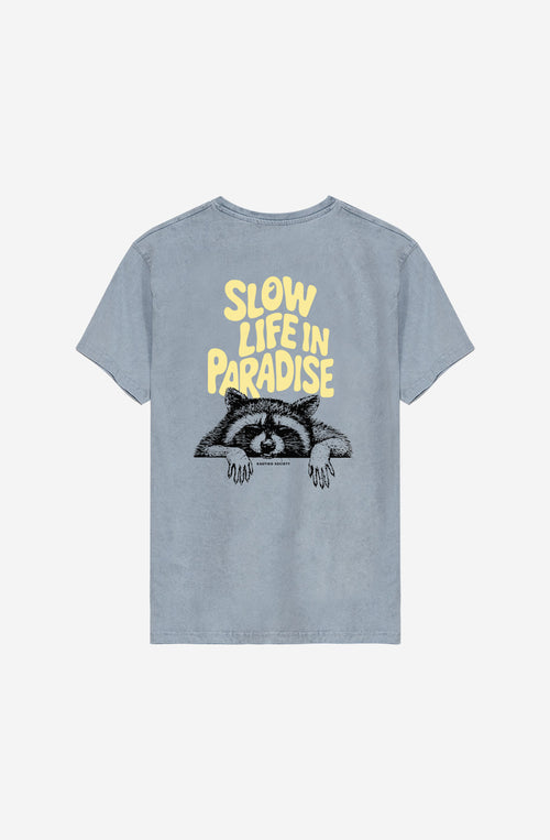 Camiseta Washed Slow Life in Paradise Steel unisex con gráfico tropical Kaotiko BCN