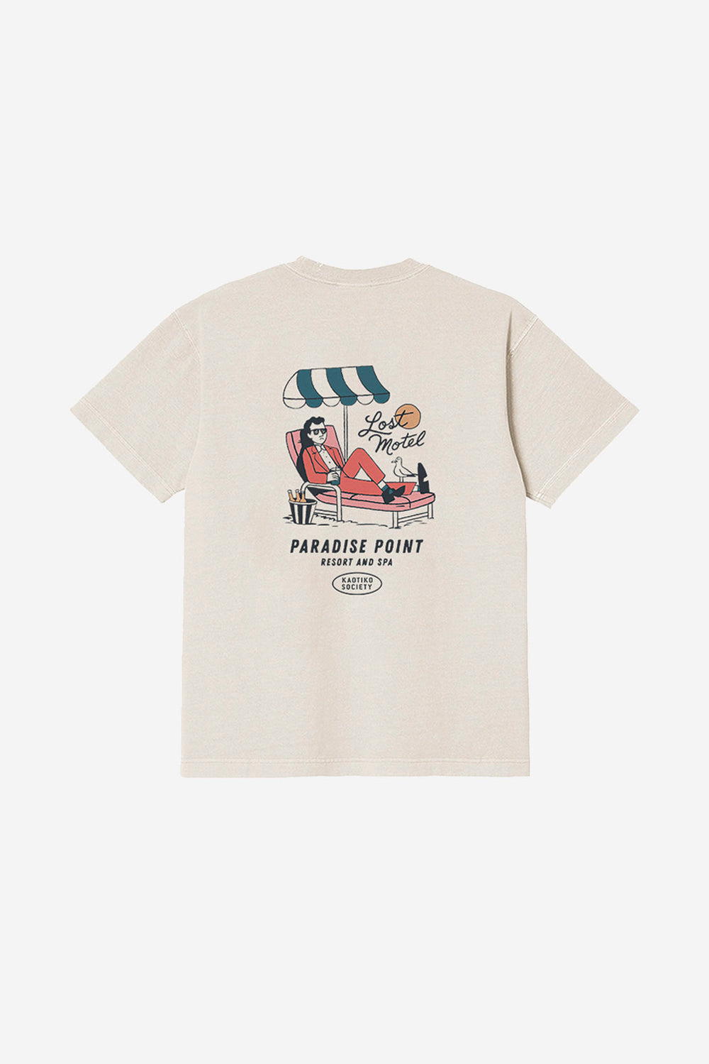 Camiseta Lost Motel Kaotiko BCN color ivory de algodón orgánico con gráfico frontal estilo motel vintage y fit regular.