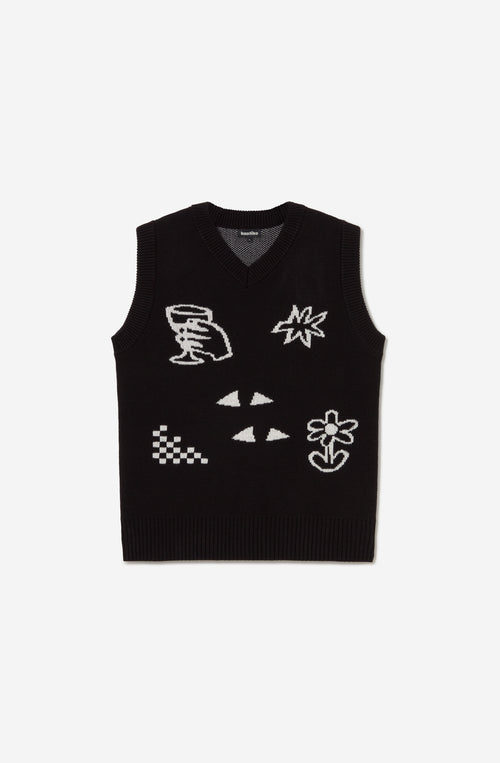 Chaleco unisex de punto negro con gráficos jacquard Breeze Club en blanco.
