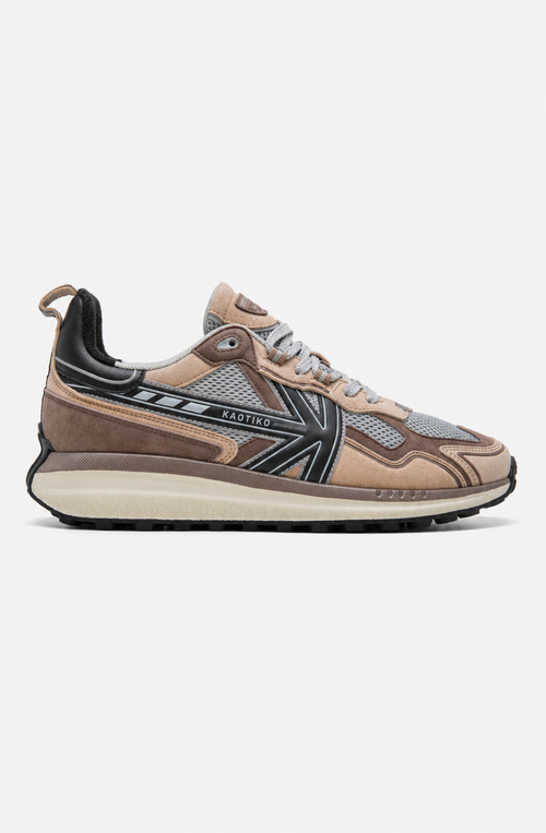Zapatillas Kaotiko Vancouver Tech French Roast en tonos marrones, beige y gris con paneles de malla, logo lateral y suela elevada.