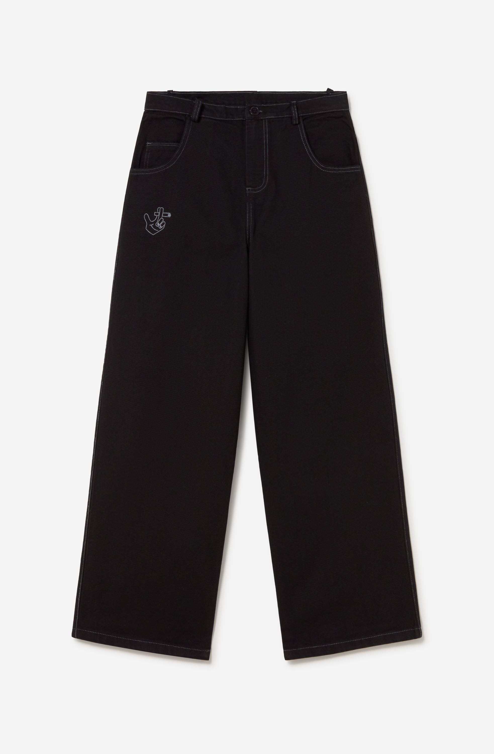 Pantalón unisex de denim negro con ilustraciones bordadas.
