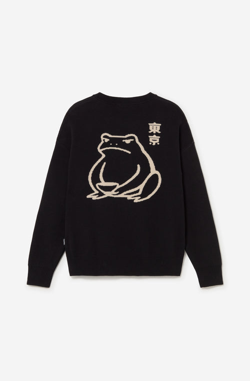 Jersey unisex de punto negro con detalle de caracteres japoneses en el pecho y gran jacquard de una rana con gráficos inspirados en Japón en la espalda.