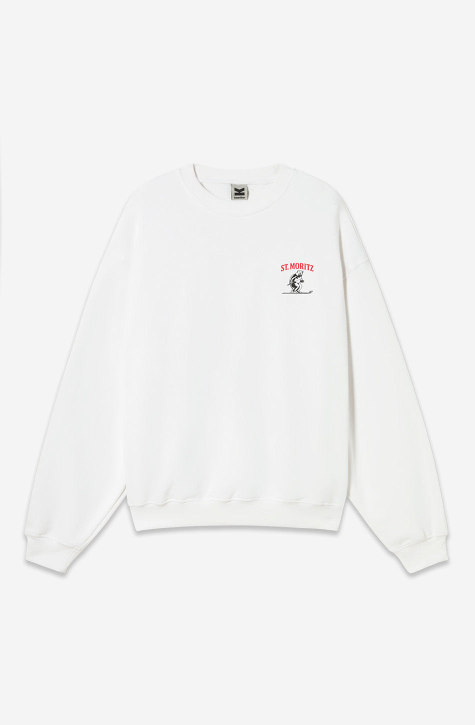 Sudadera blanca con pequeño gráfico St. Moritz y estampado trasero montaña Sudadera Crew Luxury White Overseize Kaotiko BCN.