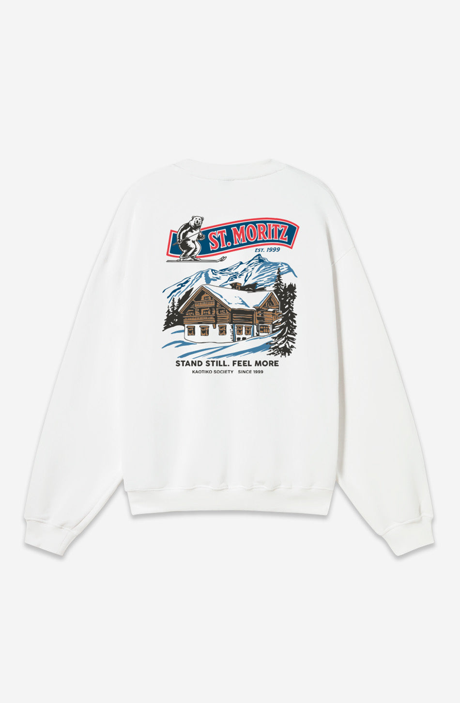 Sudadera blanca con pequeño gráfico St. Moritz y estampado trasero montaña Sudadera Crew Luxury White Overseize Kaotiko BCN.