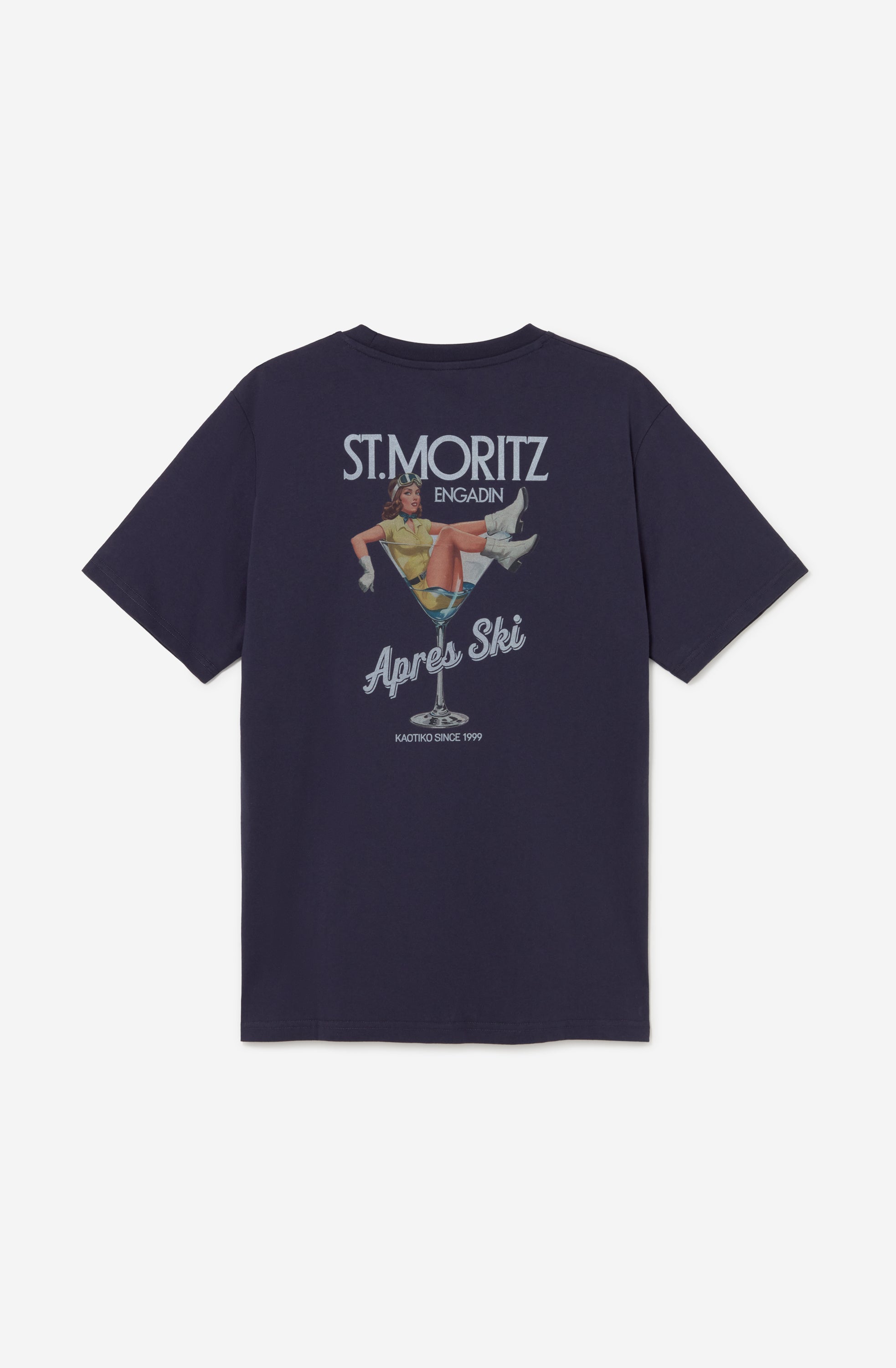 Camiseta Snow Cocktail Blue unisex azul marino con ilustración retro St. Moritz Après Ski en la espalda