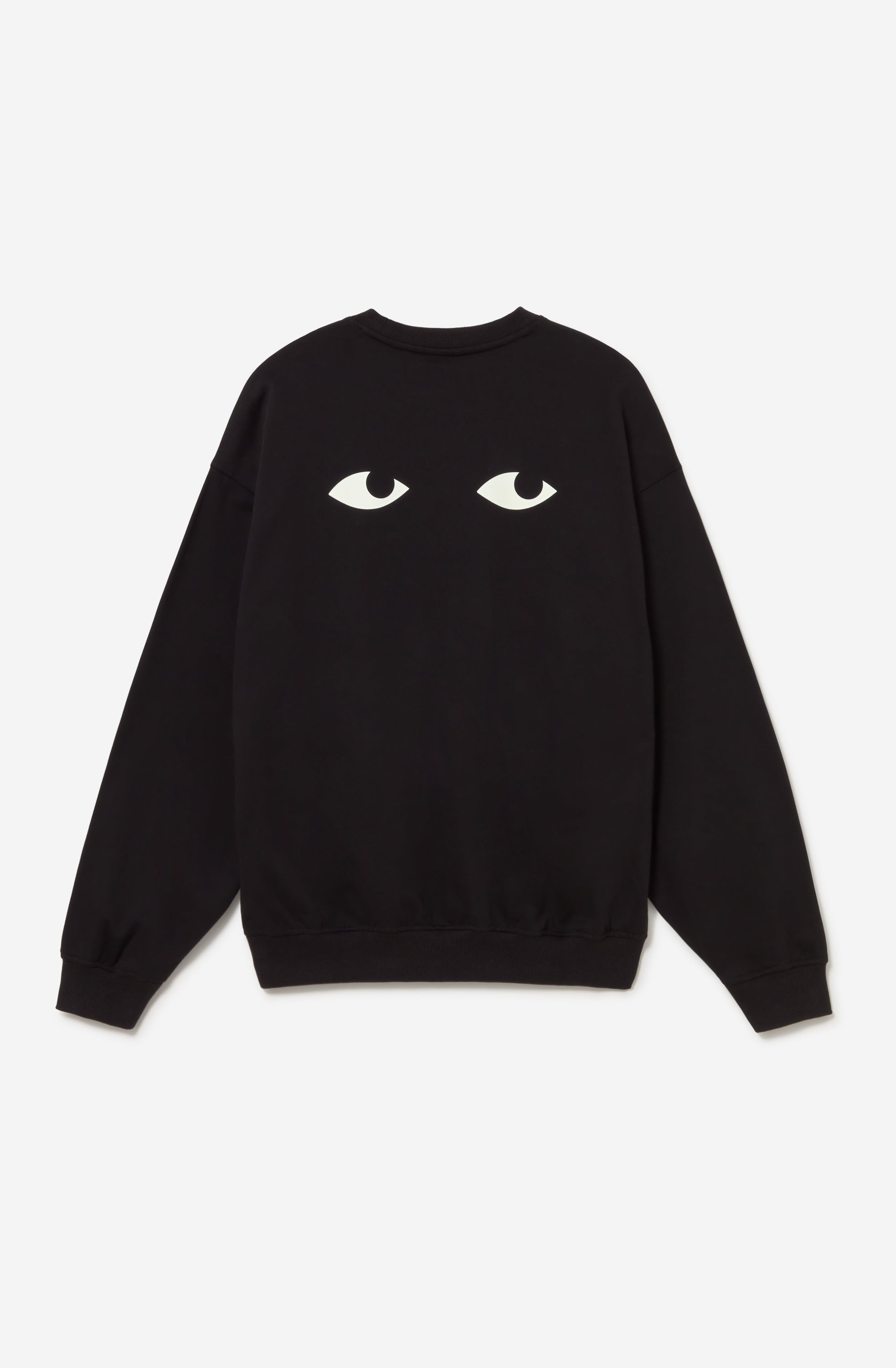 Jersey oversize unisex negro con gráfico de ojos en la espalda.