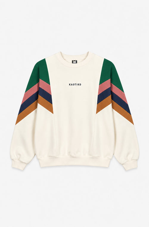 Sudadera unisex Ginger en color crudo con franjas diagonales verdes, rosas, azul marino y naranja en las mangas, cuello redondo y logo Kaotiko en el pecho.