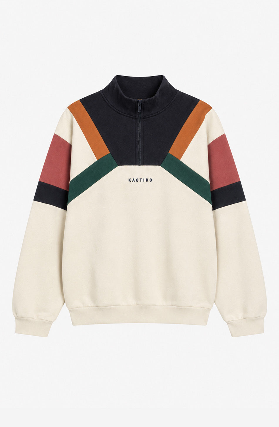 Sudadera unisex Aleck en color crudo con paneles geométricos azul marino, naranja, verde y rosa, cuello alto con media cremallera y logo Kaotiko en el pecho.