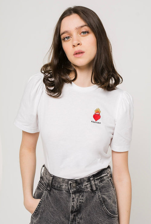 Heart T-Shirt mit Puffärmeln in Weiß