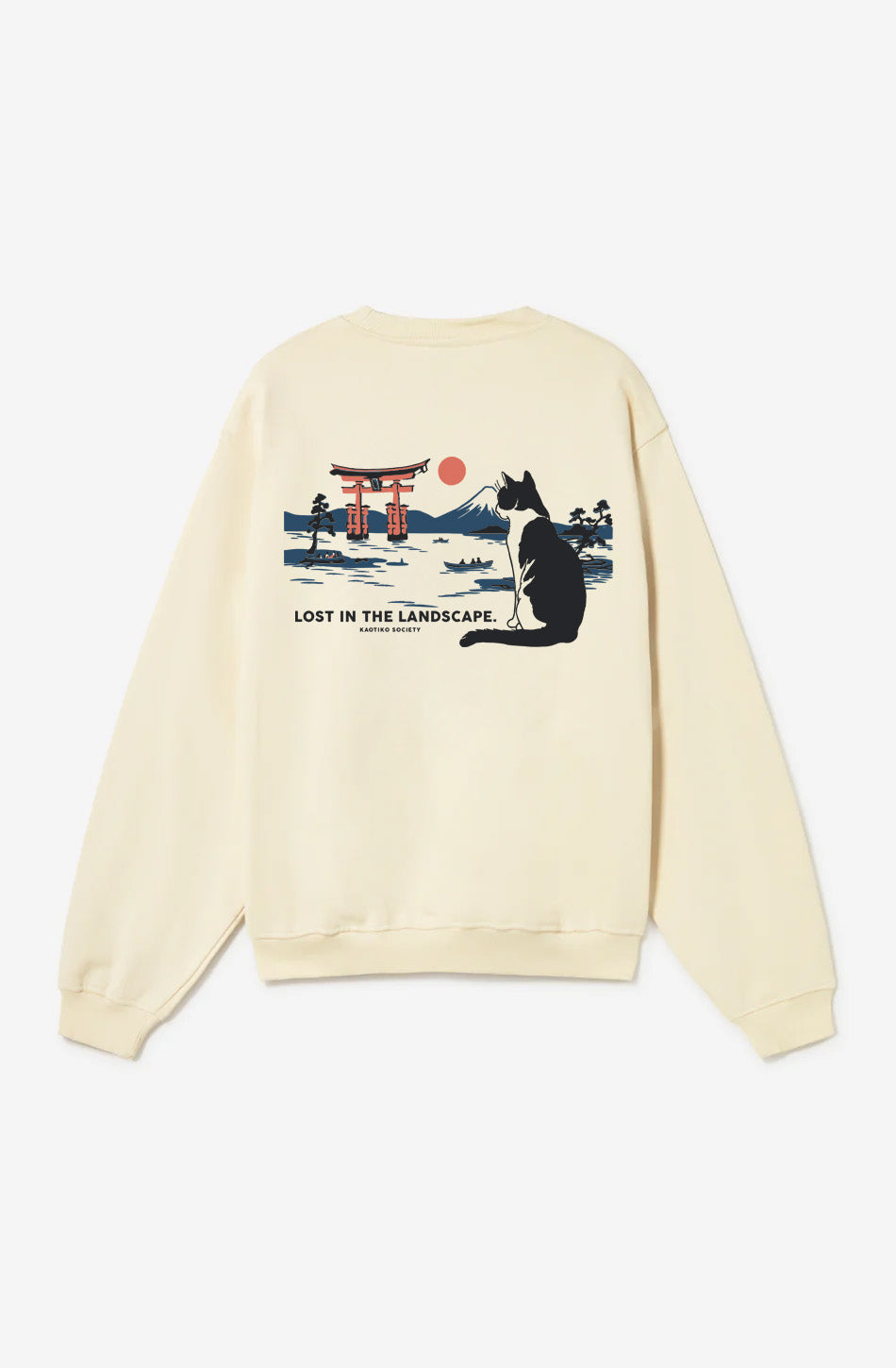 Sudadera Landscape Ivory para mujer con ilustración de paisaje japonés y gato